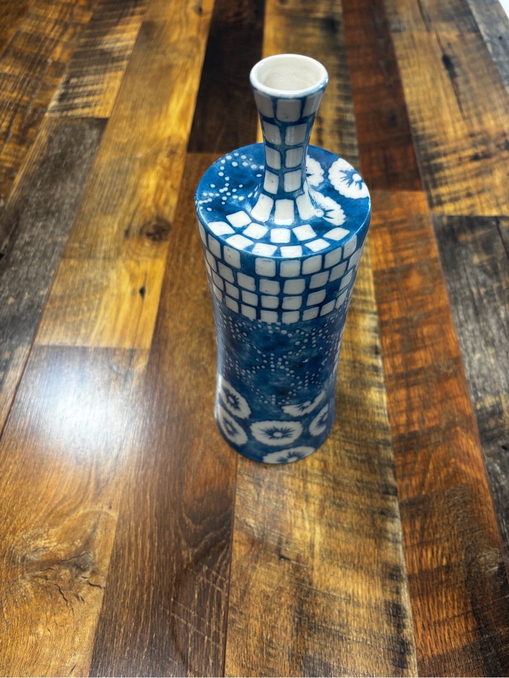 Jamie Young Co FR Living Coastal Ceramic Block Print Vase Blue & White 11.25”